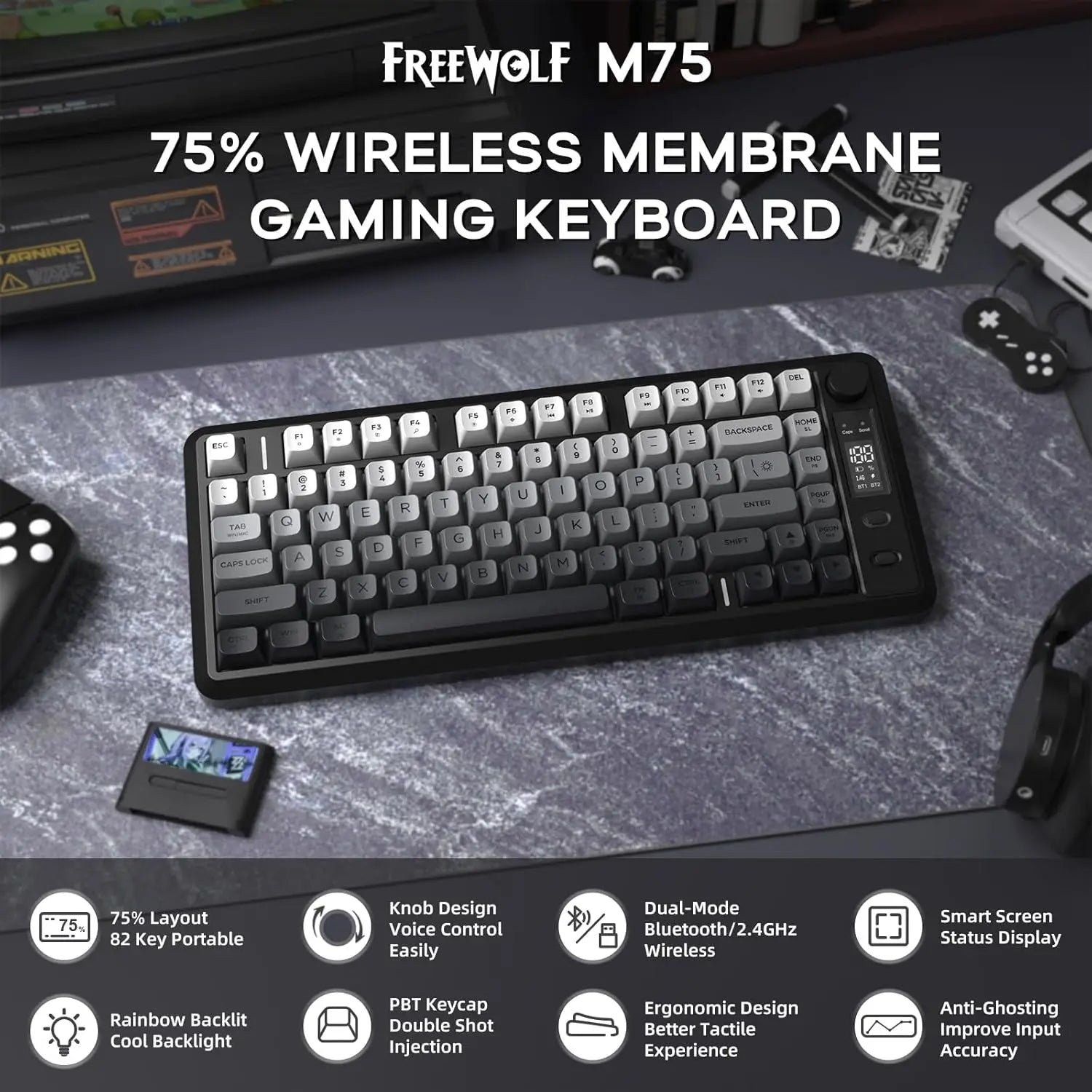 ATTACK SHARK M75 Wireless Membrane Gaming Keyboard with Knob&OLED Display Bluetooth/2.4Ghz Rainbow Backlit Gradient PBT Keycaps Ürün ana görseli