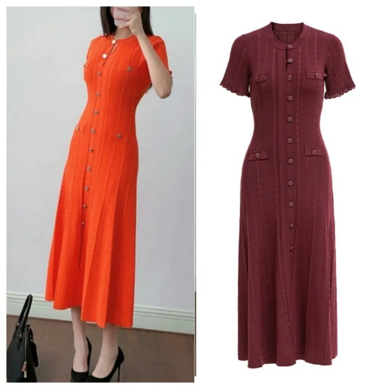 Summer Solid Round Neck Short Sleeved Office Lady Knitted Dress Women Korean Single Breasted Hollow Out Long Dress Fashion Trend Ürün ana görseli