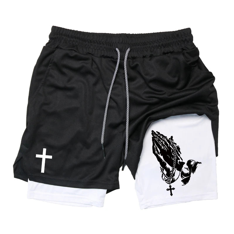 Print 2 in 1 Running Workout Shorts for Men Christian Gym Athletic Performance Shorts with Phone Pocket Towel Loop Activewear