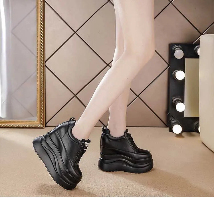 Fujin 13cm 2025 Genuine Leather Platform Wedge Flats Shoes Chunky Sneaker Casual Comfy High Brand Fall Autumn Walking Shoes