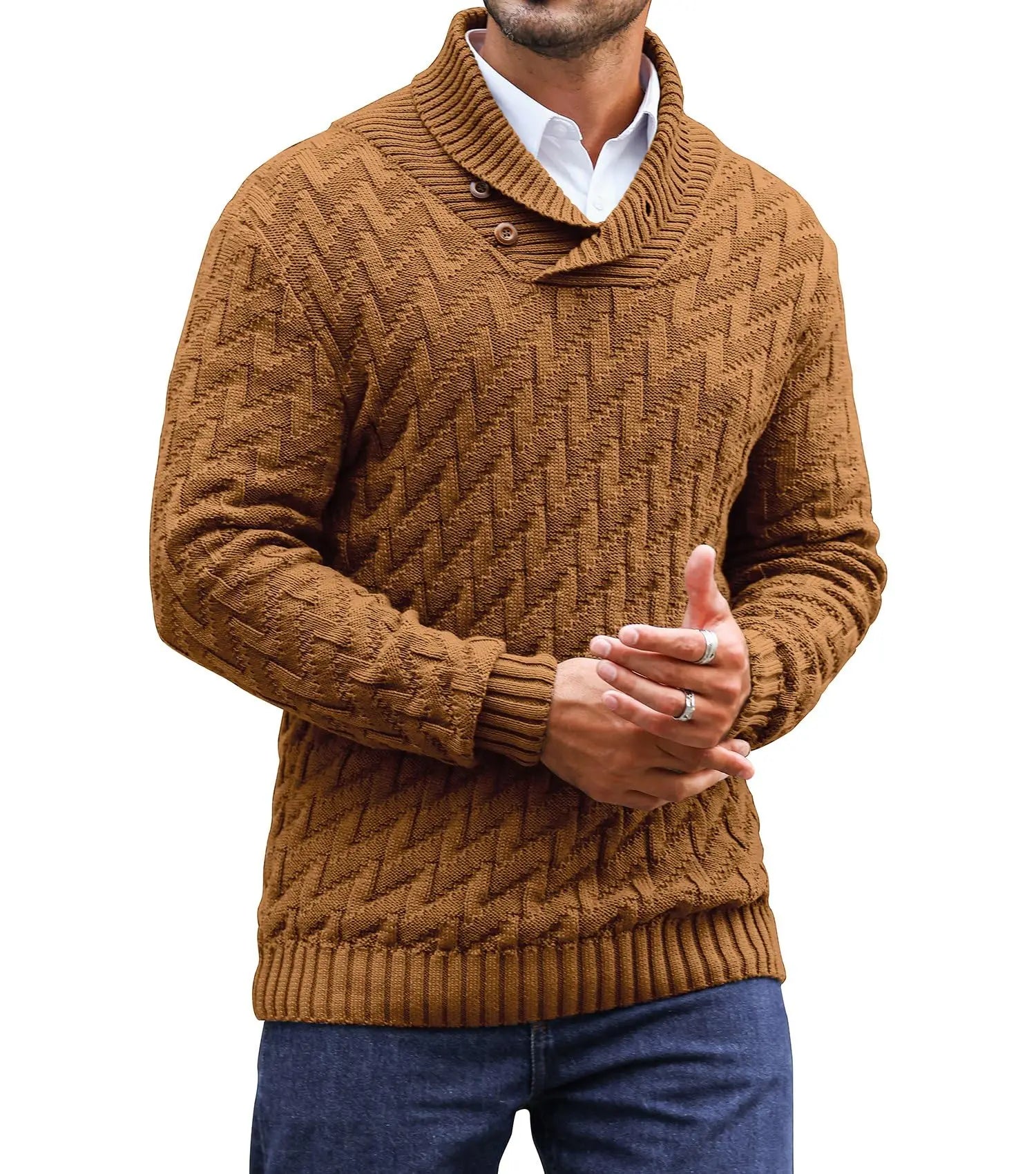 Men's Sweater Spring Shawl Collar Pullover Solid Color Sweater Casual Cable Knit Button-Up Pullover High Quality Tops US Size Ürün ana görseli