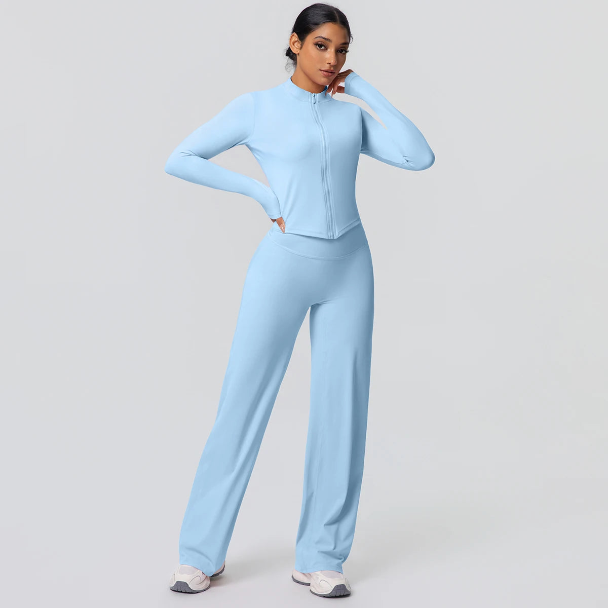2pieces Quick Drying Sports Fitness Clothing Yoga Set Women Yoga Zipper Long Dleeves High Waisted Breathable Wide Leg Pants Set