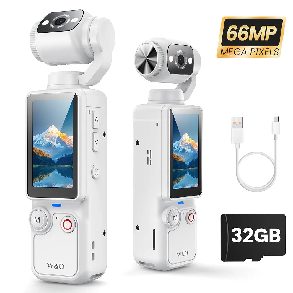 W&O 4K HD Action Camera, 1.9'' CMOS Sensor, 180° Rotatable, USB Rechargeable, Handheld Sports Vlog Camera for Daily Recording