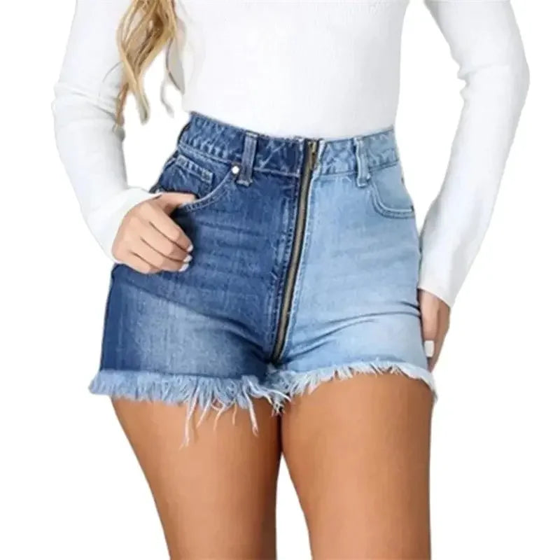 Fashion Front Zipper Open Crotch Denim Shorts Women Casual High Waist Color Contrast Patchwork Female Tassel Three Quarter Pants Ürün ana görseli