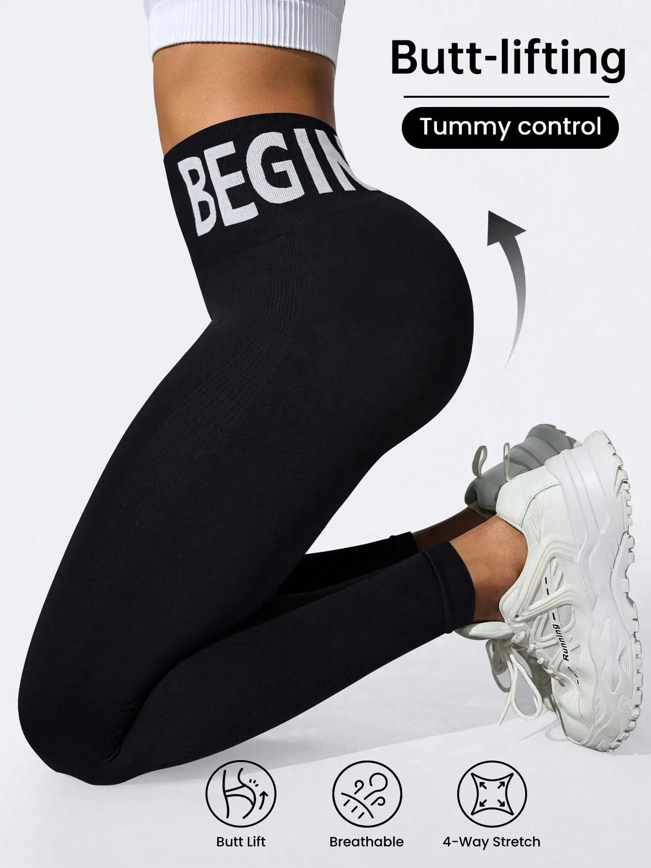 European and American Seamless Yoga Leggings with Waistband Lettering, Butt-Lifting, Quick-Dry Women's Breathable Tights for Pea