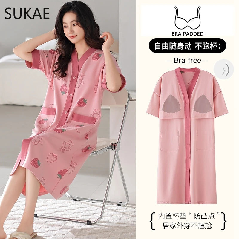 SUKAE Midi Nightdress M-5XL V-neck Bra Padded Botton Sleepshirt Plus Size Cotton Nightgowns Summer Women Short Sleeves Nightgown Ürün ikincil görseli