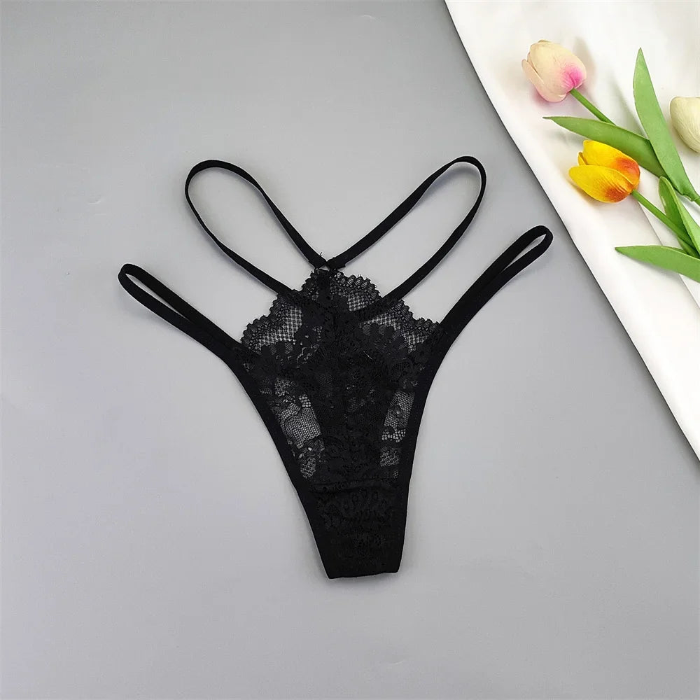 3 Pcs Lace Thin Strap Thong Women Low Waist Sexy Perspective Underwear Ladies Transparent G-string Panty Plus Size T-back