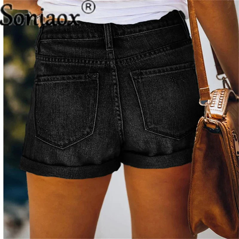 2024 Summer New Women Crimping Button Up Stretch Sexy Hole Jean Shorts High Waist Skinny Streetwear Trendy Ripped Denim Shorts
