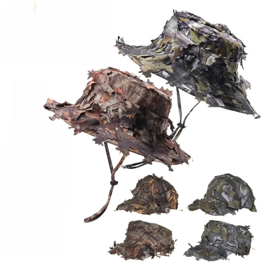 Men's Camouflage Boonie Hats 3D Leaves Camo Tactical Cap Ghillie Caps Hunter Sniper Hats Fishing Sunshade Hunting Accessories Ürün ana görseli