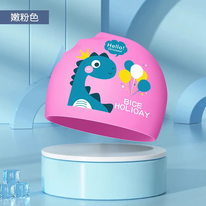 Kids Swim Cap High Elastic Waterproof Silicone Breathable Lightweight Cartoon Pattern for Pool Swimming Boys Girls Comfort Fit