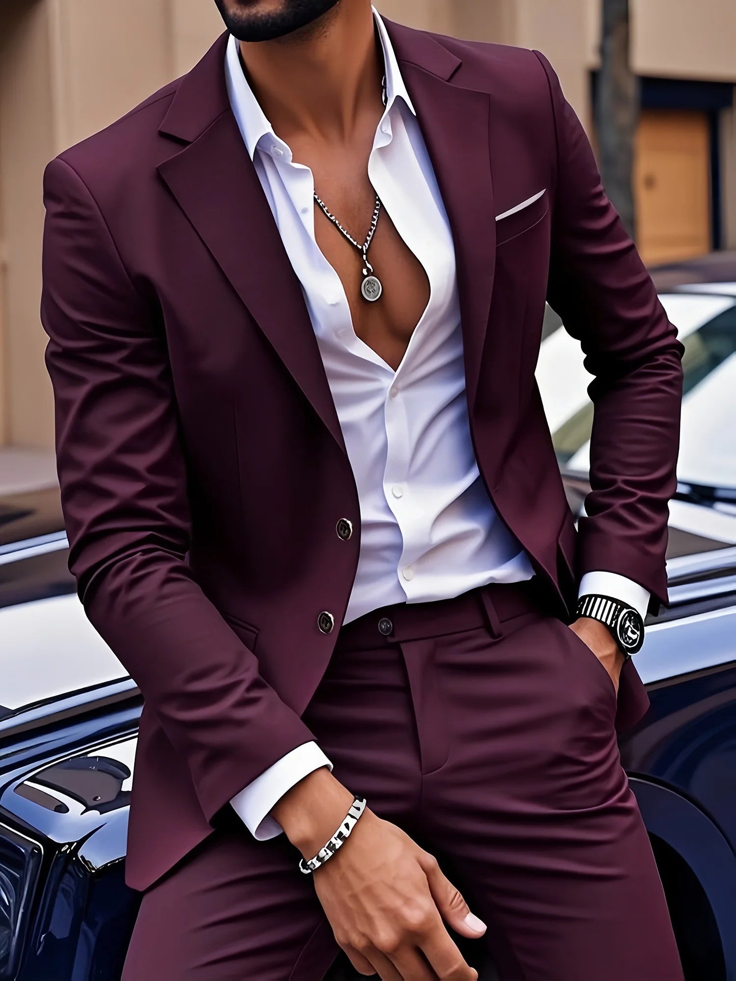 Men's Burgundy 2-Piece Suit Set (Blazer + Trousers Only, No Vest Included),Slim Fit Formal Business Wedding Party Jacket & Pants Main image