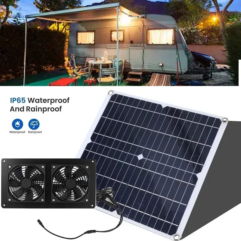 High Efficiency Outdoor Solar Panel Dual Exhaust Fan for Dog Warehouse RV Greenhouse Fan Air Pump Cooling Temperature