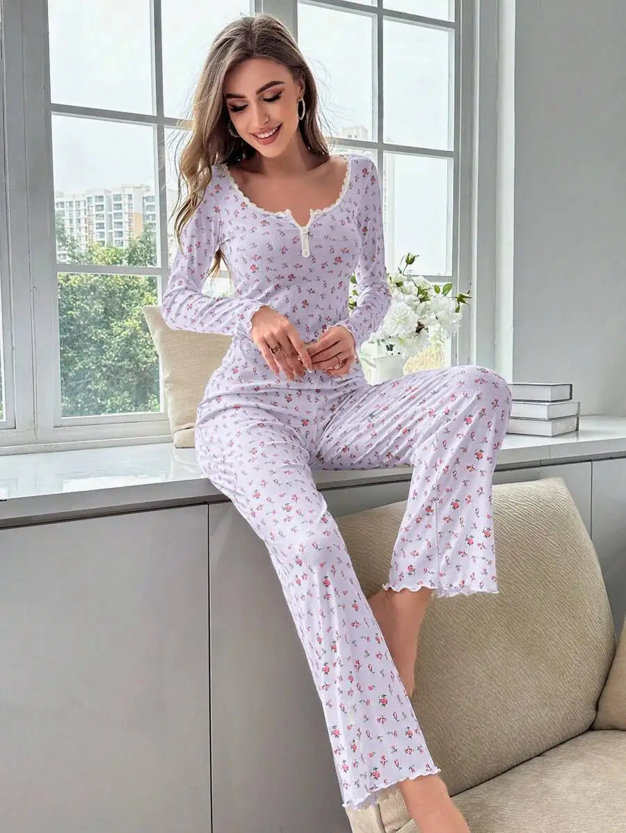 Women's Pajama Set Lace Buttons Trims Sleepwear Slim Long-sleeved Trousers Floral Print Stylish sexy Loungewear Nightwear Pyjama