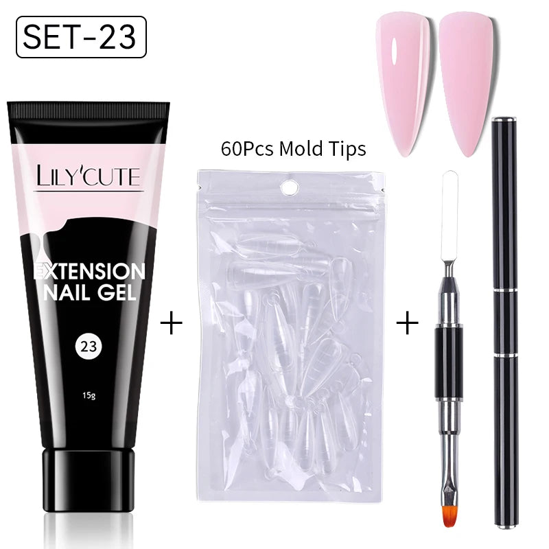 LILYCUTE 15ml Extension Gel Nail Polish Set Quick Nail Prolong With Extend Mold Nail Tips Acrylic Solution Manicure Tools Kit