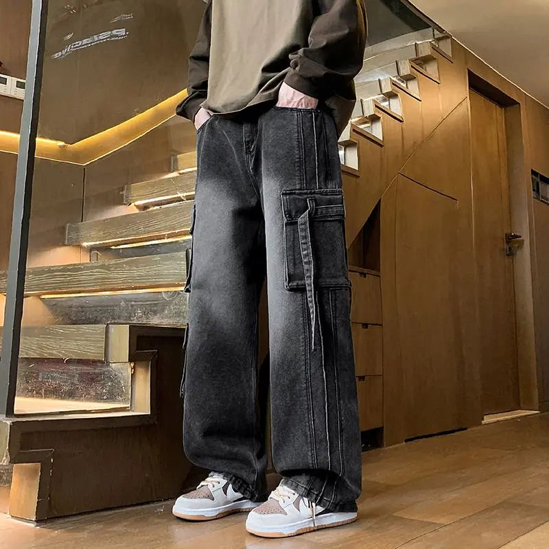 Autumn New Men's Loose Jeans Multi-pocket Work-wearing Jeans Street Hip-hop Straight Wide-leg Pants Baggy Dance Pants Ürün ikincil görseli