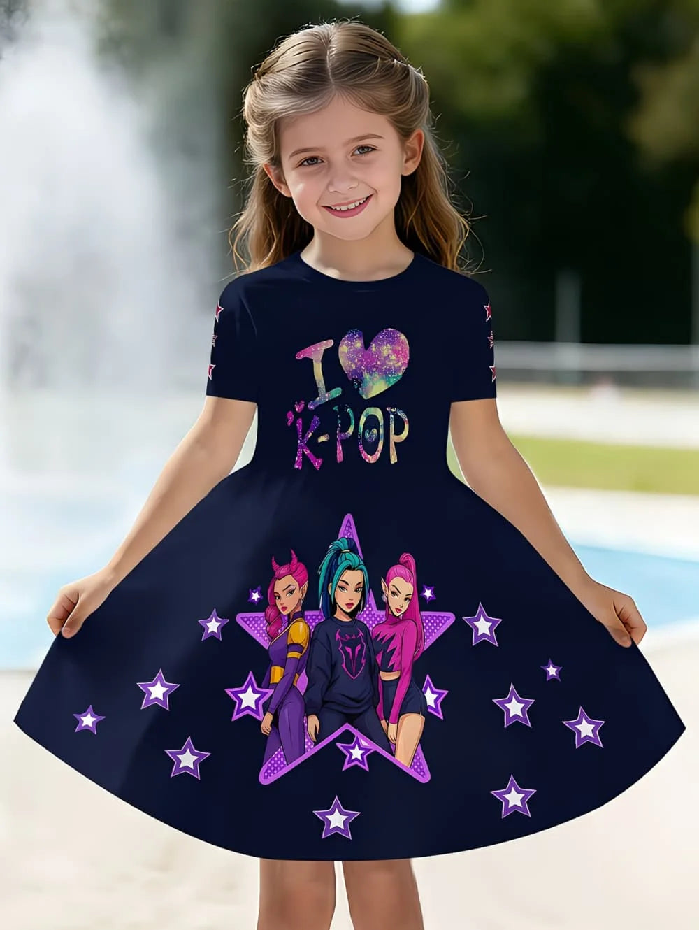 Kpop Cartoon Graphic Dress for Girls Funny Gift for Fan Harajuku Girl Clothes Summer Tops Short Sleeve Dress Children's Clothing