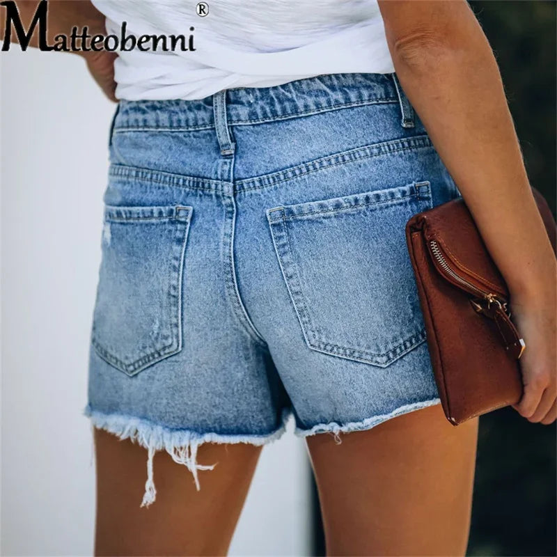 2024 Summer New Women Ripped Repaired Denim Shorts High Waist Bodycon Distressed Hole Bottoms Casual Pockets Sexy Short Jeans
