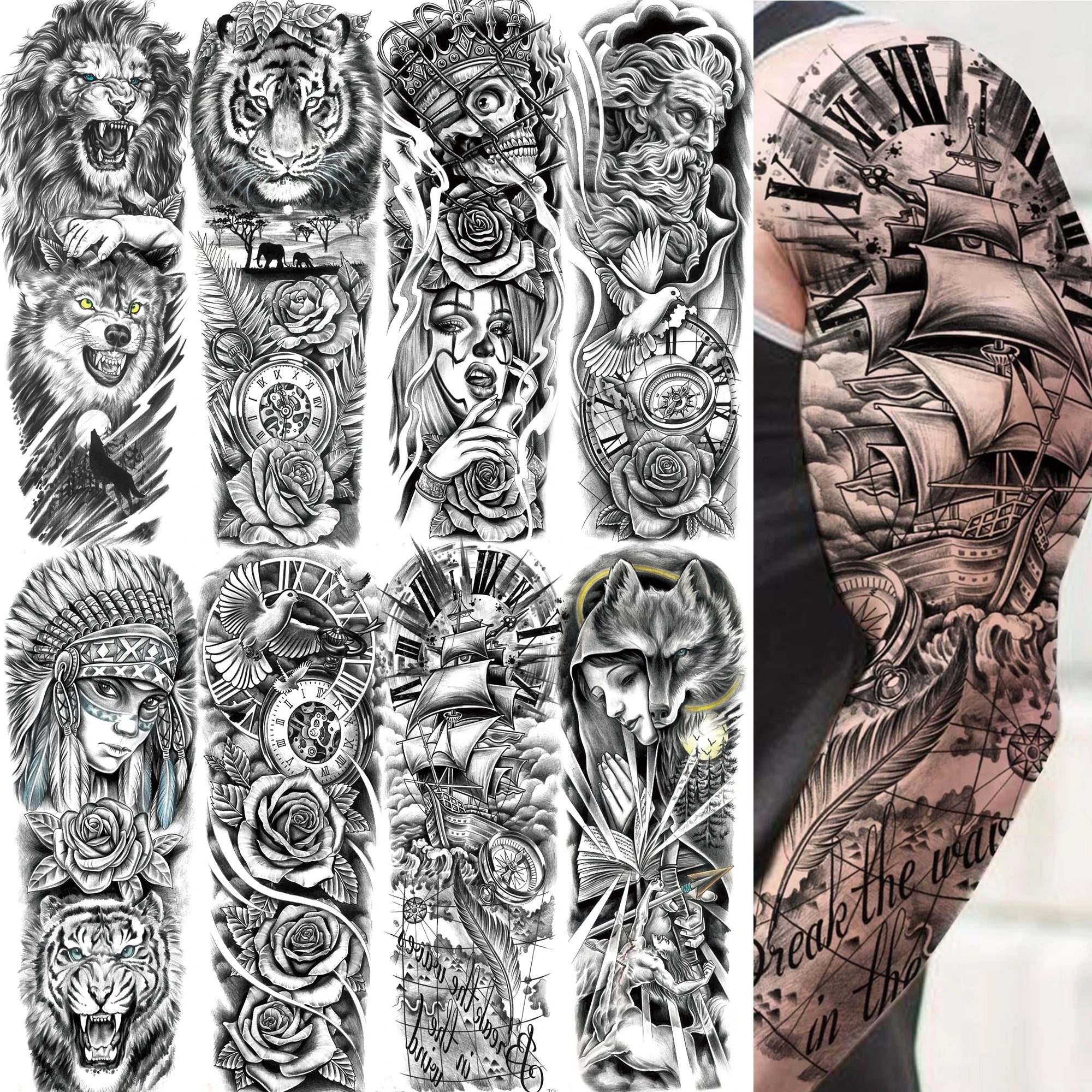 1 Sheet Full Arm Compass Zeus Skull Tiger Lion Flower Temporary Tattoos Sleeve For Men Women Adults Fake Temp Sticker Tattoo Main image