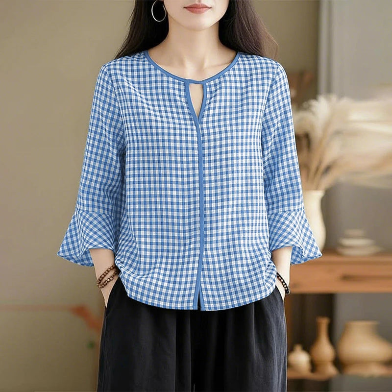 ZANZEA Women Summer Plaid Patchwork Blouse 3/4 Flare Sleeve Cut Out Tops Casual Loose Shirt Retro Chemise Female Work Blusas