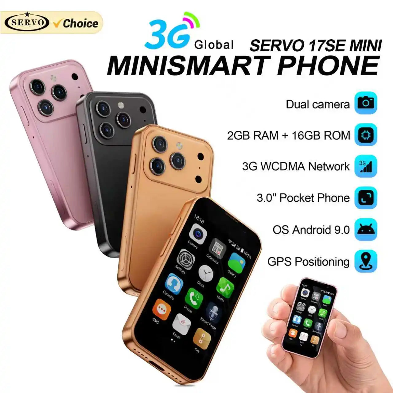 SERVO 17SE MINI 3G Tiny Smartphone Android System Play Store 2GB+16GB WhatsAPP GPS WiFi Dual SIM Card 3.0" Small Smart Cellphone Ürün ana görseli