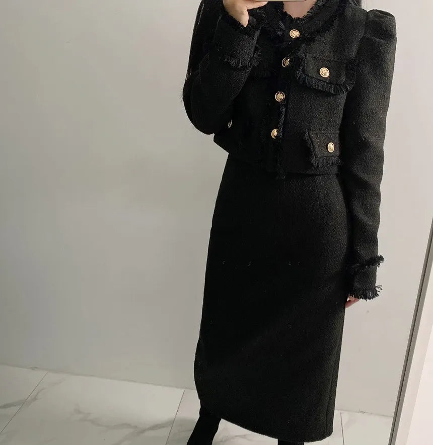 Beige Tweed Jacket + High Waisted Skirts Women Winter  Golden Button 2 Piece Sets Wool Luxury Vintage Skirts Sets Autumn