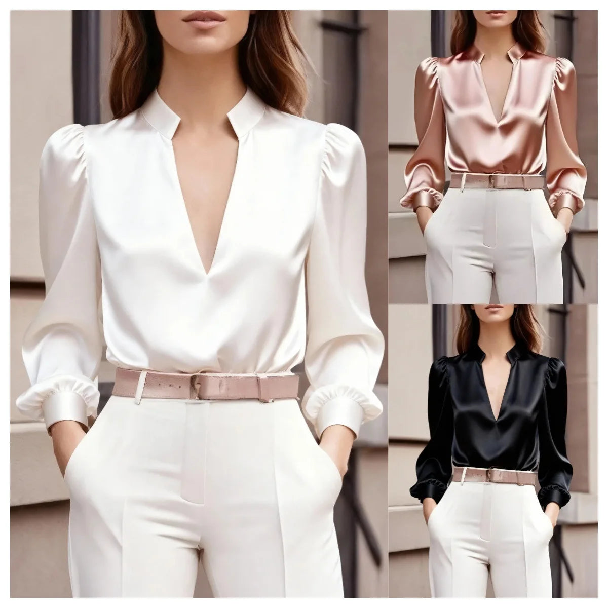 New Women's Satin Shirt V-neck Long-sleeved French Top Fashion Pullover White Simple Office Professional Female Pink Blouses Ürün ana görseli