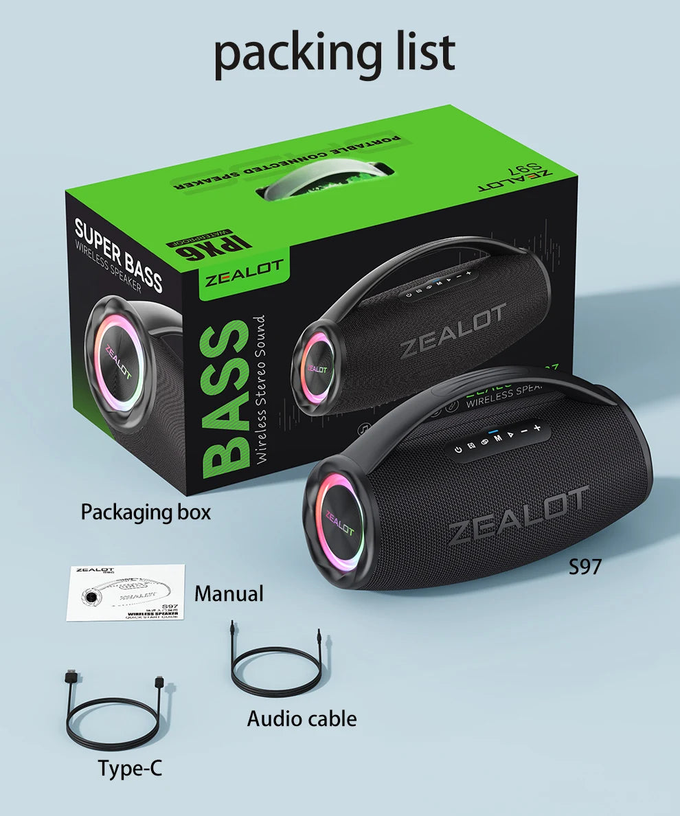 ZEALOT-S97 80W Portable Outdoor Bluetooth Speaker, HiFi Sound, Subwoofer, Dual Pairing, Fast Charging, 16000mAh Battery