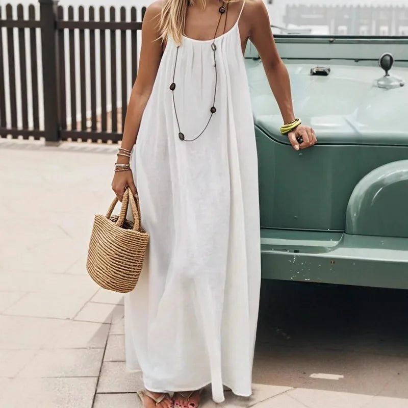 2026 Loose-Fit Spaghetti Strap Dress Women's Casual Homewear Summer Dress Solid-Color Vacation Cool Homewear Ürün ana görseli