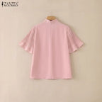 2026 ZANZEA Elegant Summer Blouse Women Stand Neck Short Sleeve Tops Stylish Solid OL Work Shirt Casual Lace-Up Holiday Tunic