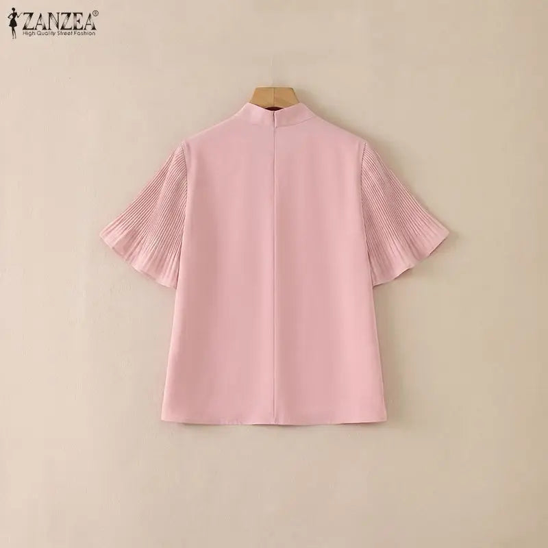 2026 ZANZEA Elegant Summer Blouse Women Stand Neck Short Sleeve Tops Stylish Solid OL Work Shirt Casual Lace-Up Holiday Tunic