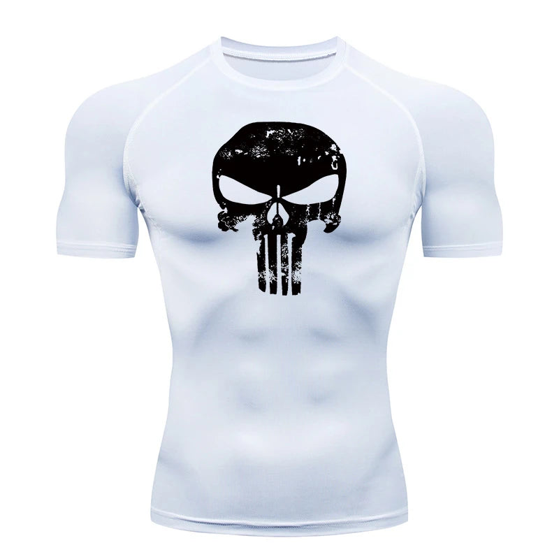 Skull Print Compression Shirts for Men Gym Workout Running Tshirts Sporty Athletic Quick Dry Tees Tops Short Sleeve Rash Guard
