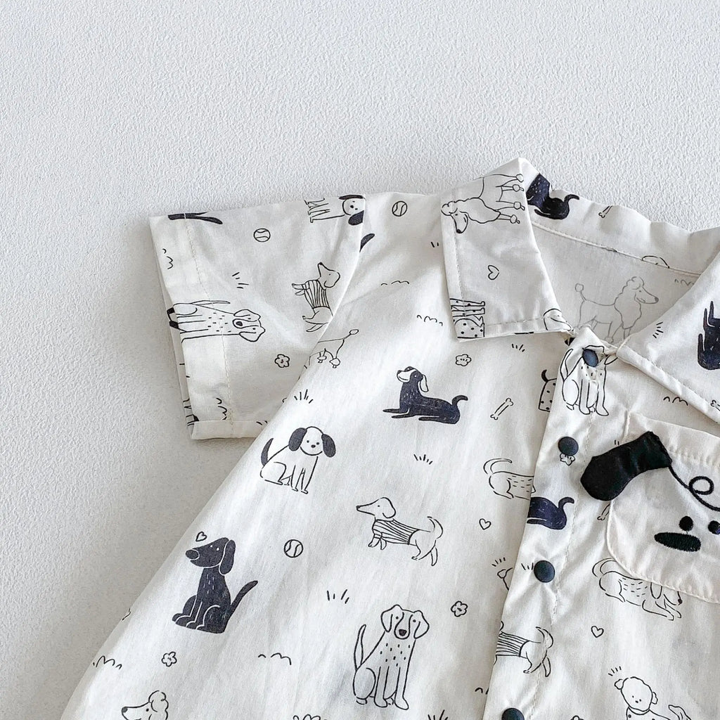 0-2Y Summer Baby Boy Clothes Full Of Dog Print Single Breasted Toddler Rompers Short Sleeve Cute Baby Boy Outfit