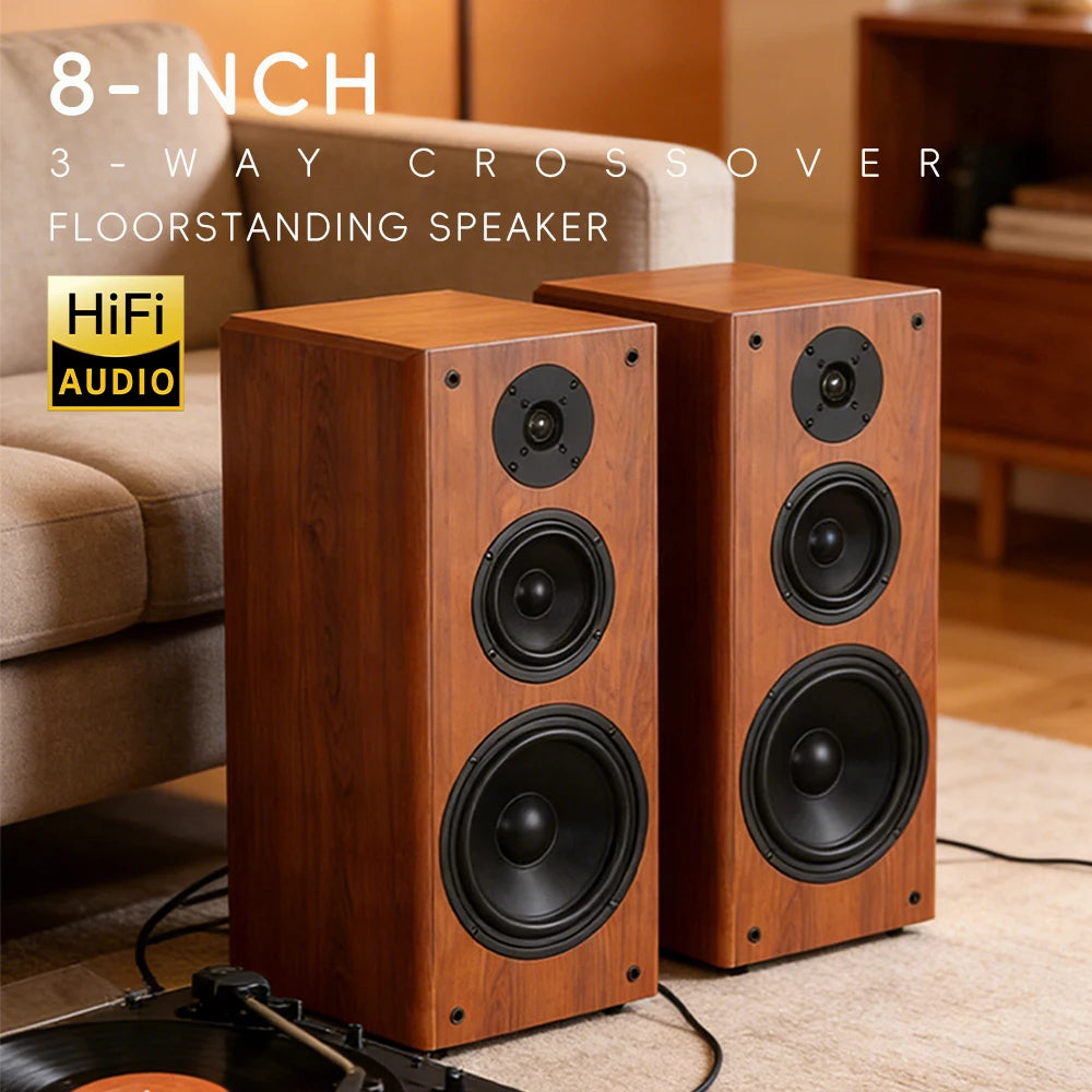 High Power Passive Speakers 8 Inch Floor Standing 3 Way Home Audio System 90dB Sensitivity Wooden Hifi Speakers A Pair Ürün ana görseli