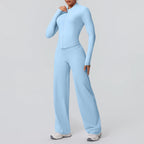 2pieces Quick Drying Sports Fitness Clothing Yoga Set Women Yoga Zipper Long Dleeves High Waisted Breathable Wide Leg Pants Set