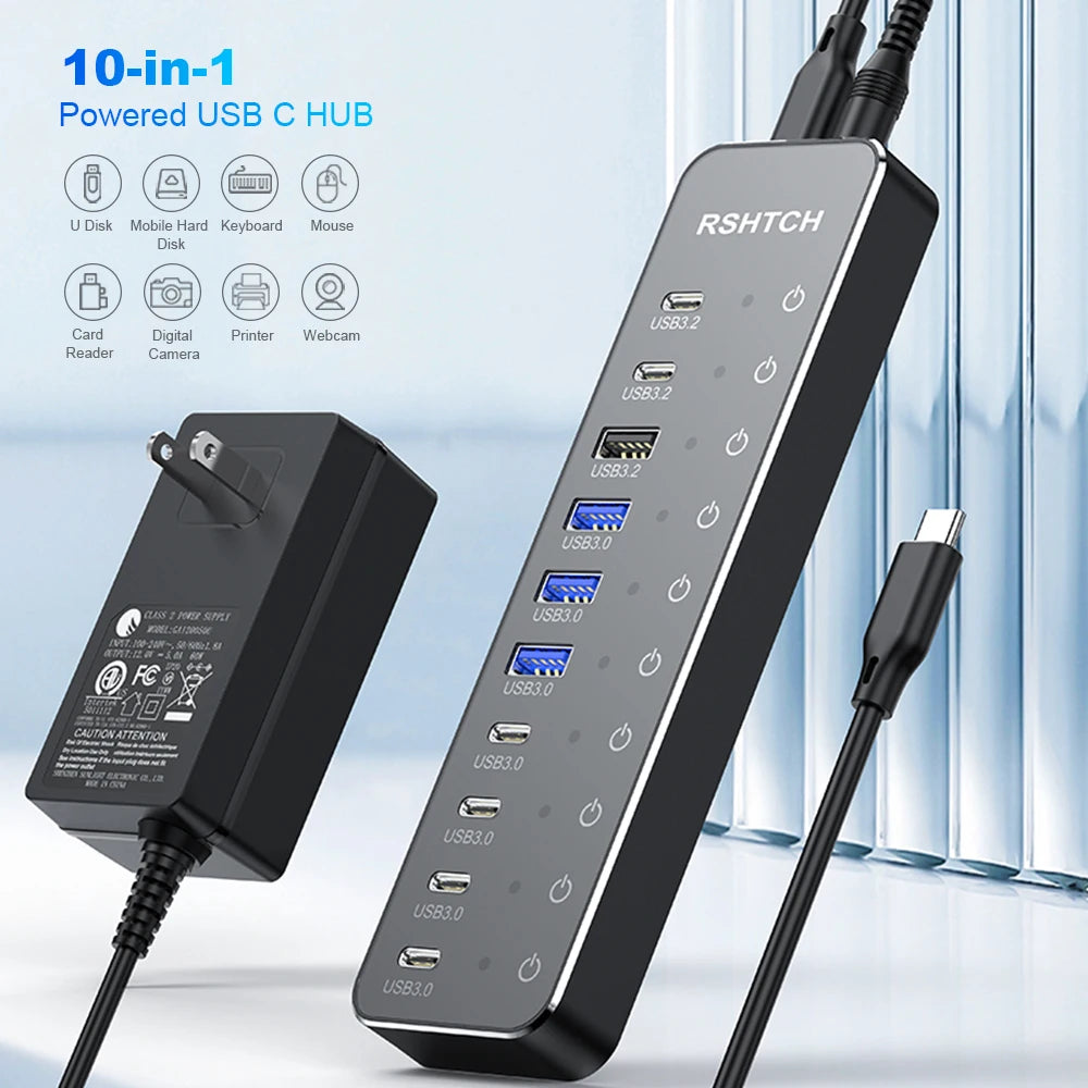 RSHTECH 10 in 1 USB C Hub 10Gbps USB-C with Individual Touch Switches Multiport Splitter Docking Station for MacBook Laptops PC Main image