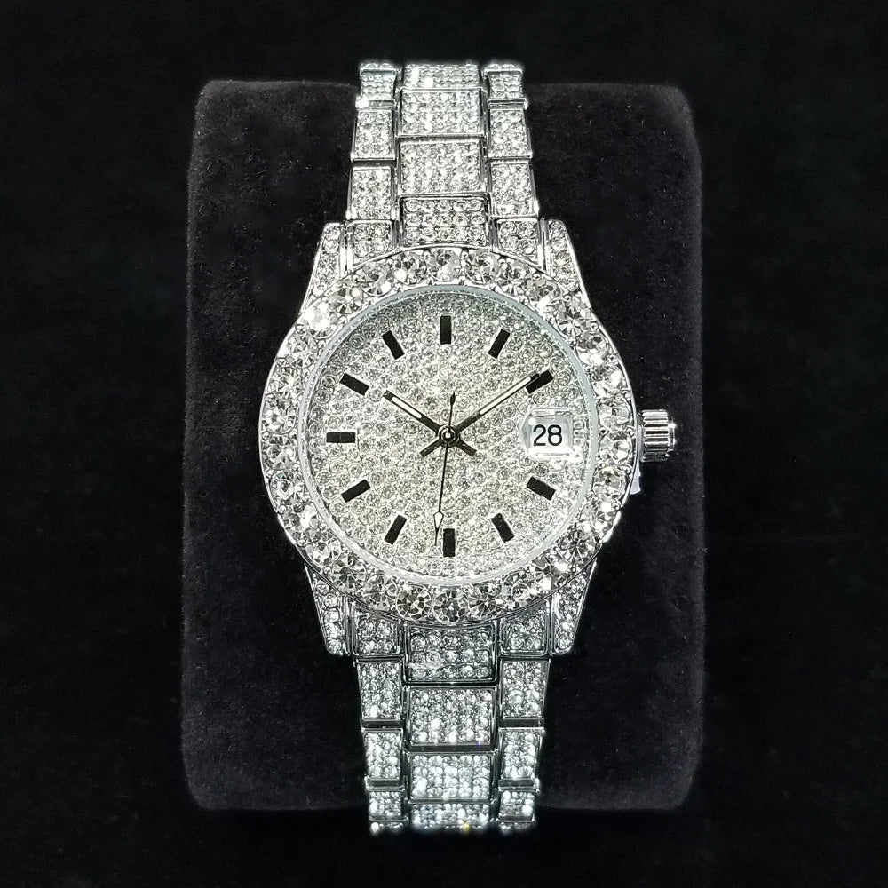 Elegant Diamond Watches Female Fashion Silver Round Stainless Steel Quartz Watch Iced Out Shiny Waterproof Clock Gift for Women Ürün ana görseli