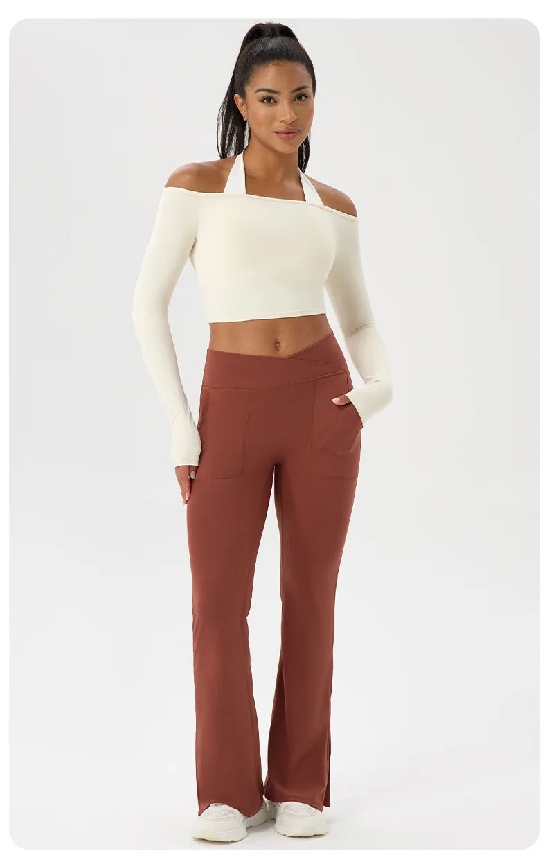 Yoga long-sleeved T-shirt women's one-shoulder sexy tight fitness wear top nude feel quick-drying sports sleeved Yoga Shirts