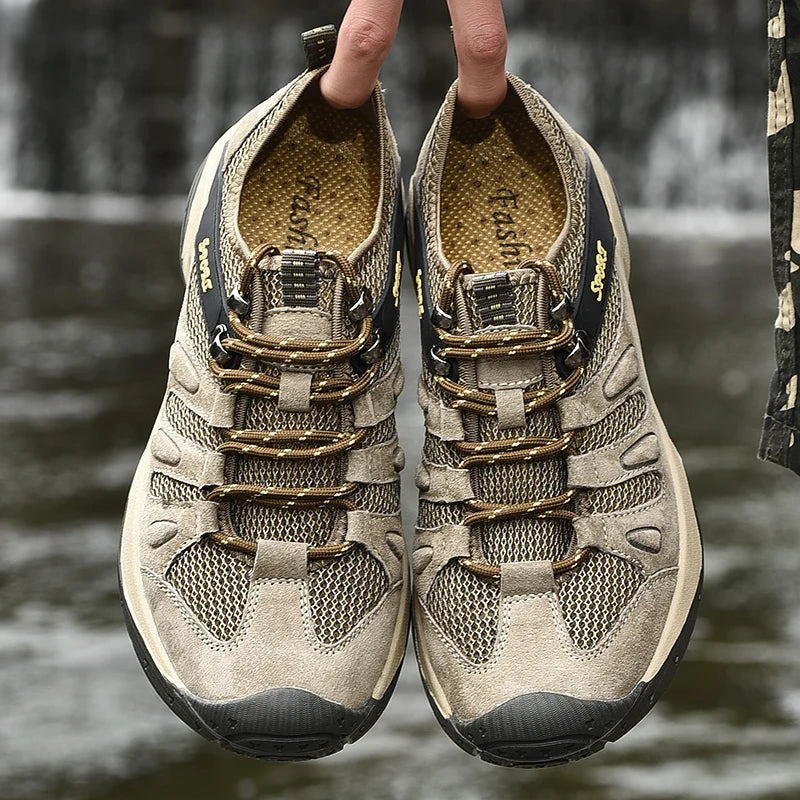 Spring Summer Leather Mesh Outdoor Trekking Shoes Hiking Shoes  Walking Tourism Camping Upstream Sneakers Anti-Slip Breathable