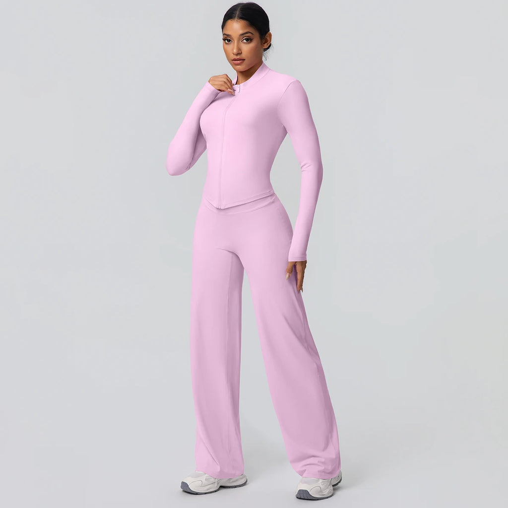 2pieces Quick Drying Sports Fitness Clothing Yoga Set Women Yoga Zipper Long Dleeves High Waisted Breathable Wide Leg Pants Set