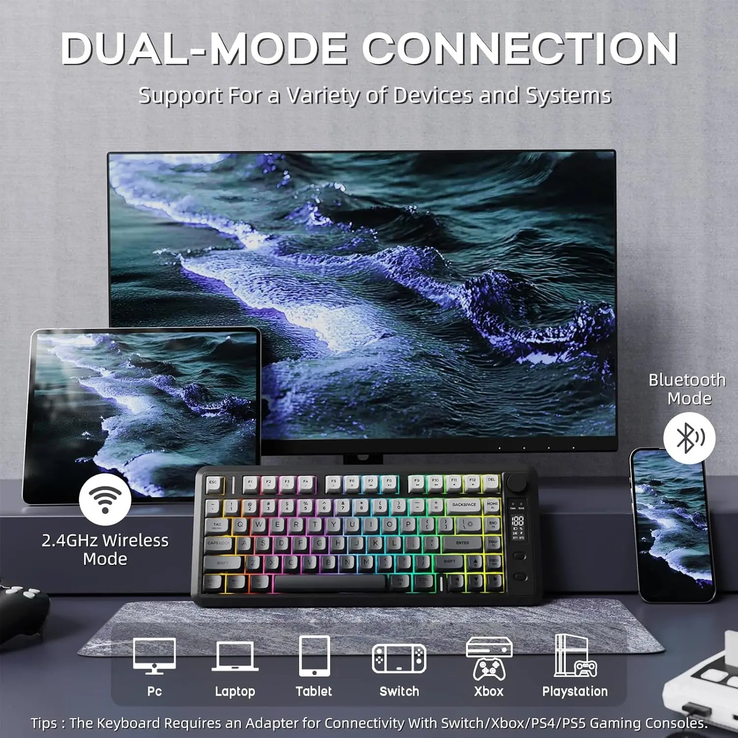 ATTACK SHARK M75 Wireless Membrane Gaming Keyboard with Knob&OLED Display Bluetooth/2.4Ghz Rainbow Backlit Gradient PBT Keycaps Ürün ikincil görseli