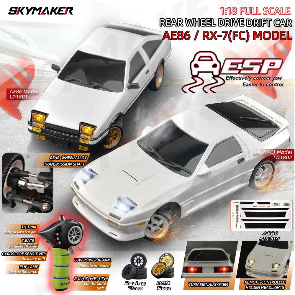 Skymaker AE86 Model LD1801 RX-7 FC LD1802 1:18 RC Drift Car 1/18 2.4G Remote Control ESP Gyroscope LED Mini RC Racing Car Toys Ürün ana görseli