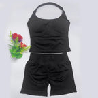 yoga outfits Women 2 pcs Sports DFNNYE Impact Set halterneck Backless Halter Top Seamless Scrunch Shorts Gym Workout Sports Suit