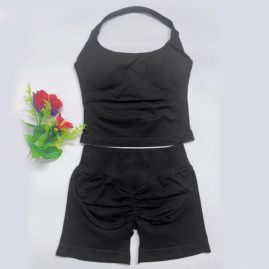 yoga outfits Women 2 pcs Sports DFNNYE Impact Set halterneck Backless Halter Top Seamless Scrunch Shorts Gym Workout Sports Suit