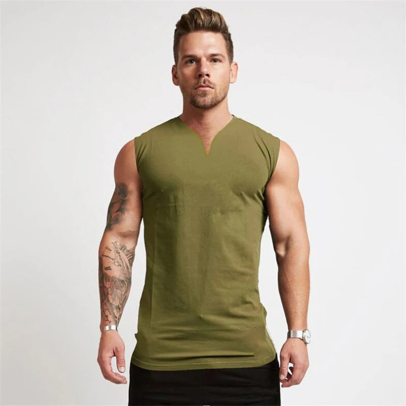 Summer Cotton Breathable V-neck Tank Tops Gym Workout Running Sport Sleeveless Shirt Mens Fitness Bodybuilding Muscle Clothing