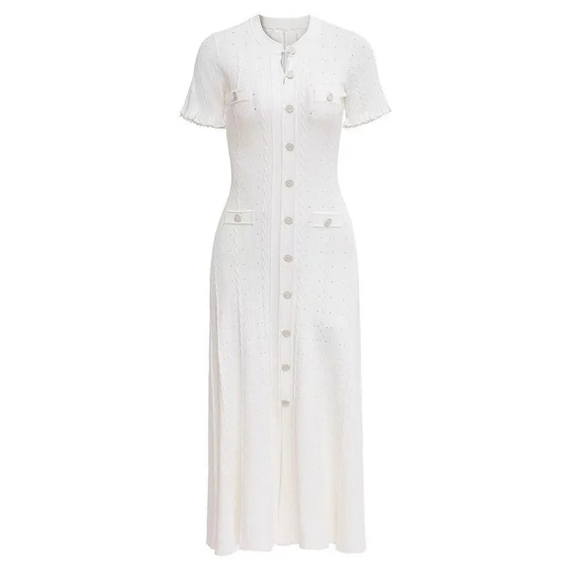 Summer Solid Round Neck Short Sleeved Office Lady Knitted Dress Women Korean Single Breasted Hollow Out Long Dress Fashion Trend