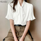 2026 ZANZEA Elegant Summer Blouse Women Stand Neck Short Sleeve Tops Stylish Solid OL Work Shirt Casual Lace-Up Holiday Tunic