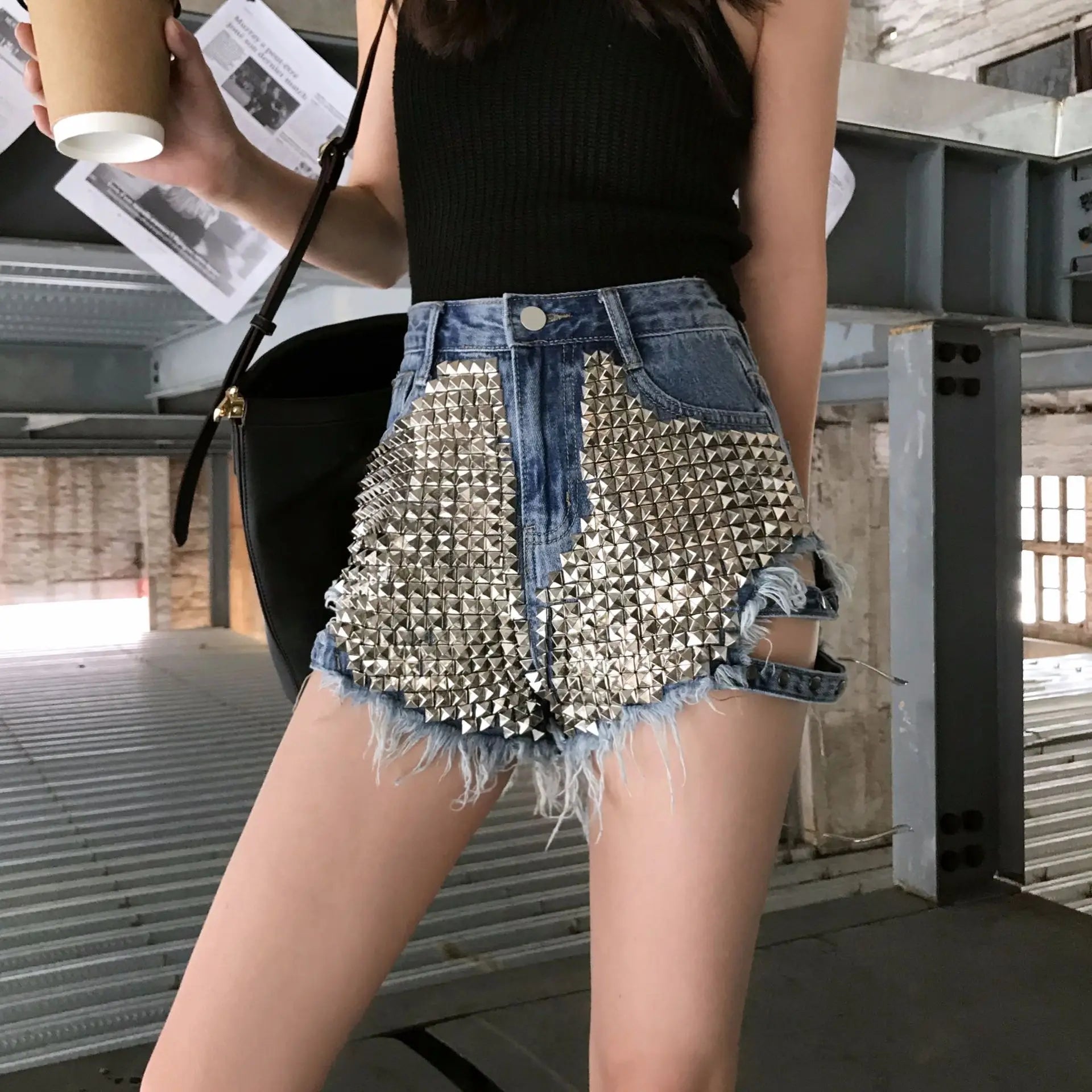 Summer Side Spike Women Denim Shorts 2021 Fashion Loose Holes High Waist Jeans High Street Wide Legs Thin Shorts Women Trousers Ürün ana görseli