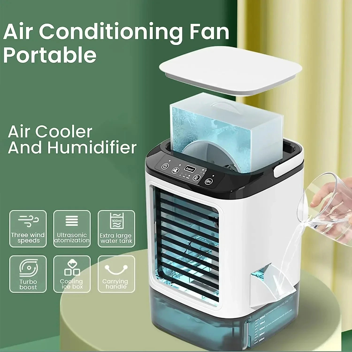 Portable Air Conditioner 3 Speed Mini AC Unit With Dual Mist Ice Box 900ML Water Tank Humidifier For Bedroom Office