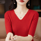Women's Sweater Spring Summer Short Sleeve V-neck Knit Shirt Casual Korean Pullovers Stripe Bottoming Shirt Slim Fit Jumpers