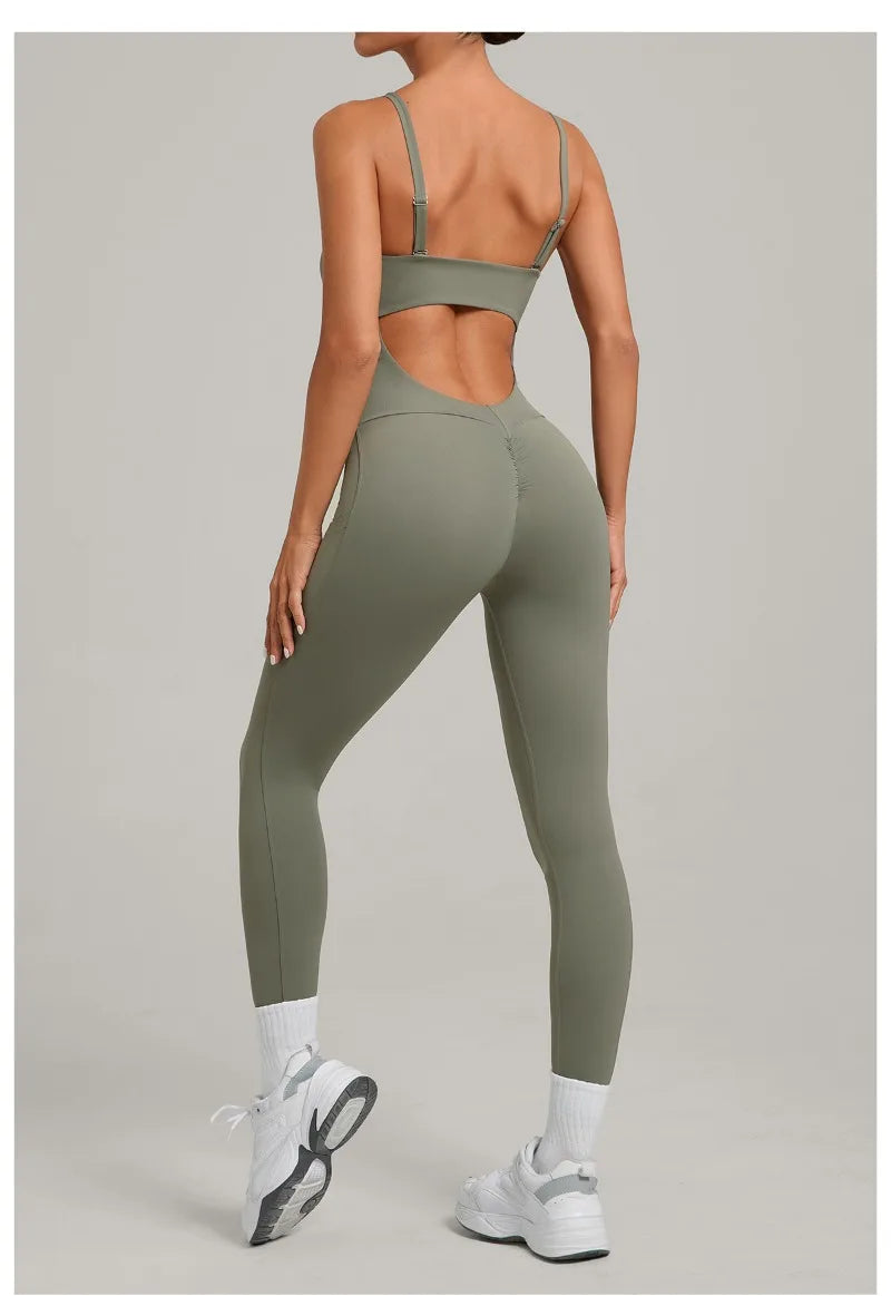 Women's Yoga Jumpsuits Sports Fitness One-piece Beauty Back Strap Pocket Hip-lifting Slim Fit Running Workout Training Bodysuits